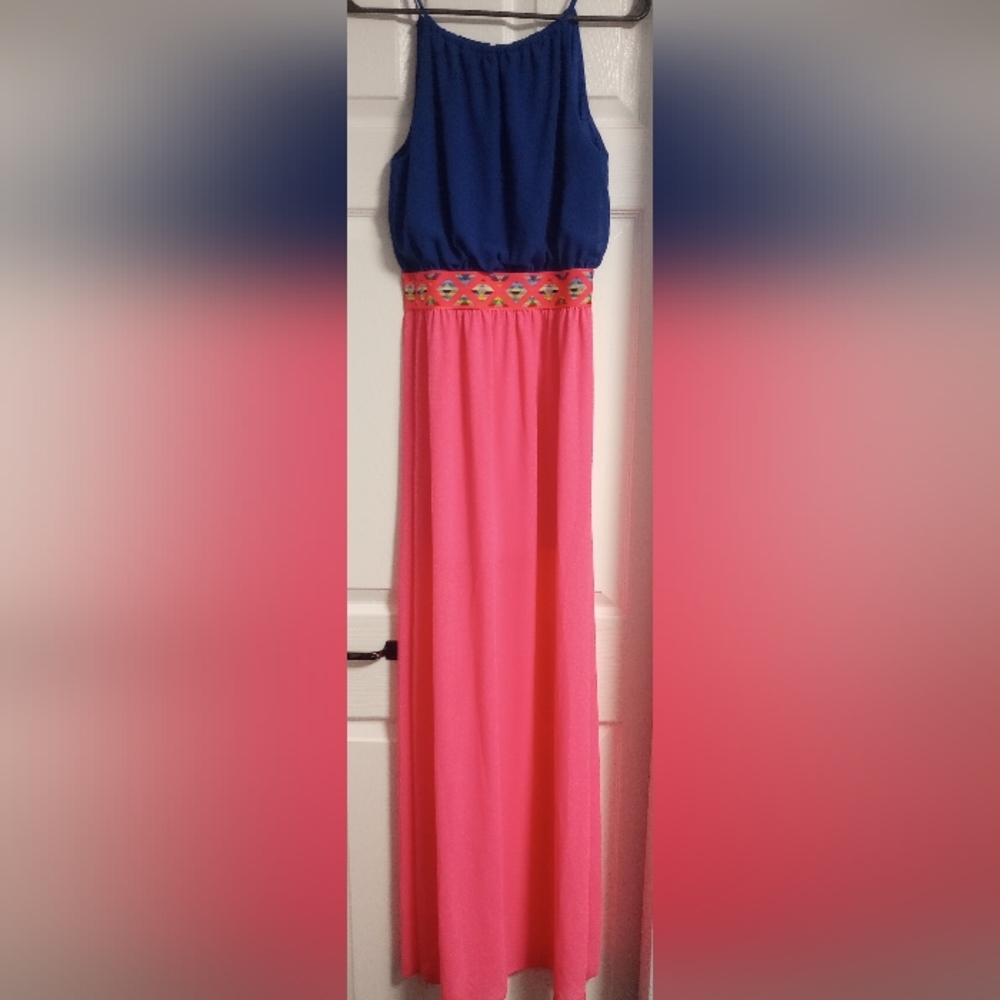 Blue Mint pink and blue floor length maxi dress